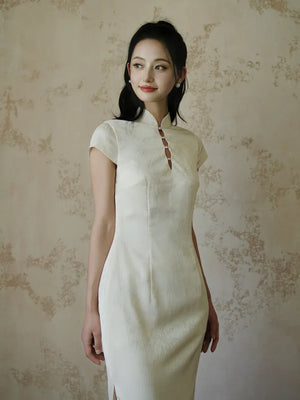 "Xi Zhu" White Dark Pattern Tassel Shawl Cheongsam Bride Wedding Dress Engagement - Yandan_Hanfu
