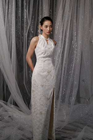 "Qianzhi" white embroidered shawl showing thin backless cheongsam bride wedding dress toast engagement - Yandan_Hanfu