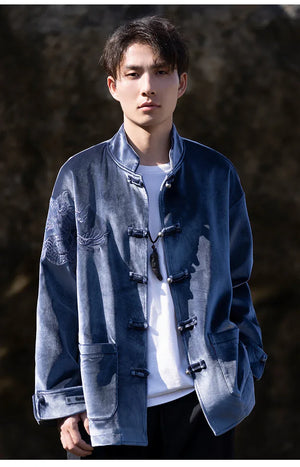 New Chinese Tang style men's button top autumn and winter coat golden velvet - Yandan_Hanfu