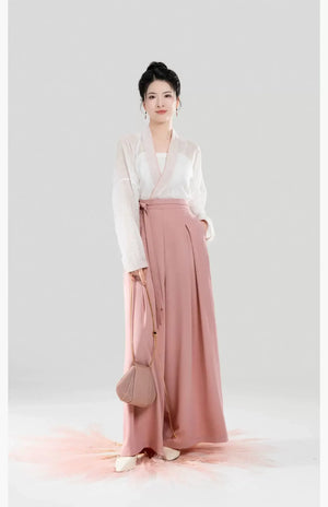 Taoling – Modern Song-Style Hanfu Set with Feather Jacquard & Wide-Leg Pants - Yandan_Hanfu