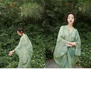 100% Ramie Modern Chinese Dress – Green Tie-Dye Print with Loose Silhouette & Camisole Layer - Yandan_Hanfu