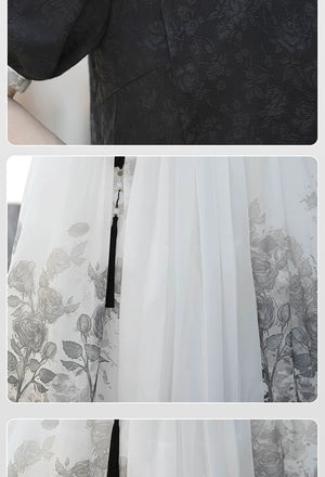 Close-up of floral print and fabric texture on Chinese style black top and white skirt set, perfect for spring and summer.