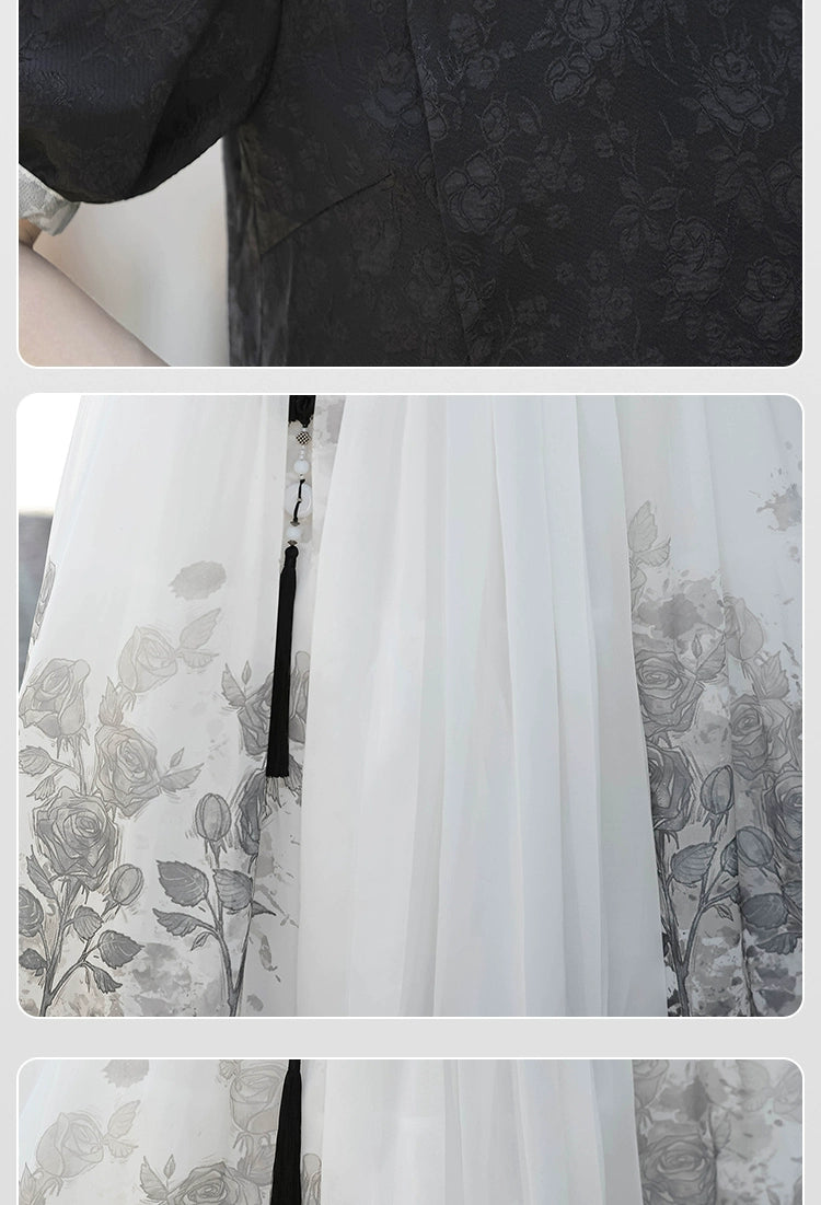 Close-up of floral print and fabric texture on Chinese style black top and white skirt set, perfect for spring and summer.