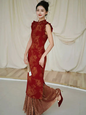 Lotus Step – Red Mermaid Qipao for Wedding, Engagement & Tea Ceremony - Yandan_Hanfu