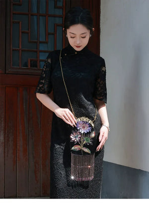 Embroidered Butterflies Black Bag | Canvas Crossbody with Beaded Chain - Yandan_Hanfu