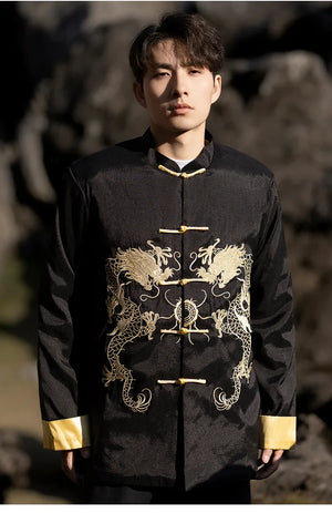 Chinese style dragon pattern embroidery retro Tang suit men's buckle winter cotton-padded jacket - Yandan_Hanfu