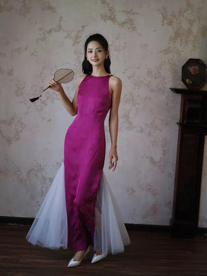 "Rose Hairpin" Dragon Fruit Color Piece Cheongsam Bridal Wedding Dress Engagement - Yandan_Hanfu