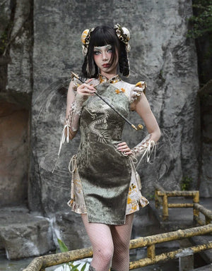 Spring Dragon Festival, Embroidered Short Cheongsam Dress Halloween - Yandan_Hanfu