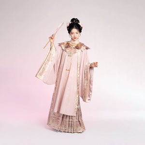 Full-length pink Hanfu dress from 2025 graduation set with floral embroidery and traditional silhouette, ideal for degree ceremonies.