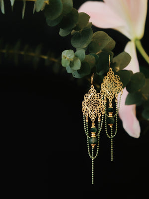 Su Mask Ear Clips - Hanfu Gold Tassel Earrings with green beads and floral filigree, hanging on eucalyptus with soft pink lily accent.