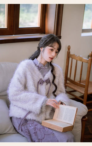 ''Falling Grace" Lace Qipao Cheongsam Dress & Faux Fur Jacket – Winter Collection - Yandan_Hanfu