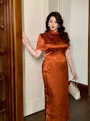 Orange short sleeve plus size cheongsam/qipao - Yandan_Hanfu