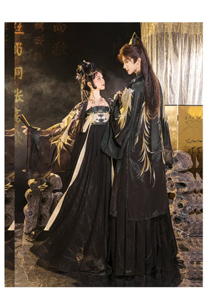 Black&Gold Tang-Style Hanfu Couple Set – Traditional Chinese Outfit with Wide-Sleeve Robe & Printed Hezi Skirt - Yandan_Hanfu