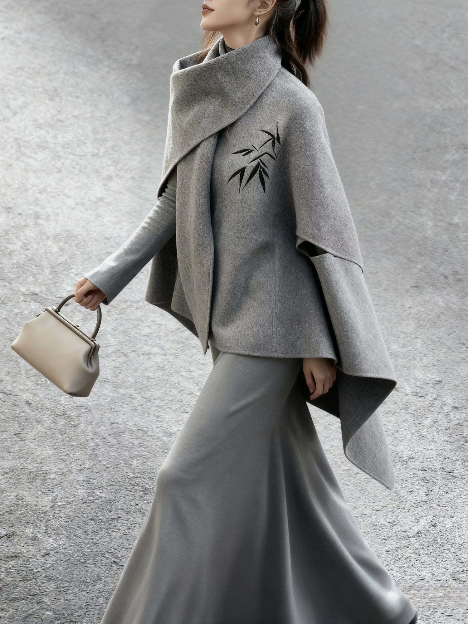 Grey Wool Cape Set – Short Cloak Jacket & Knit Dress | Soft Relaxed Fit