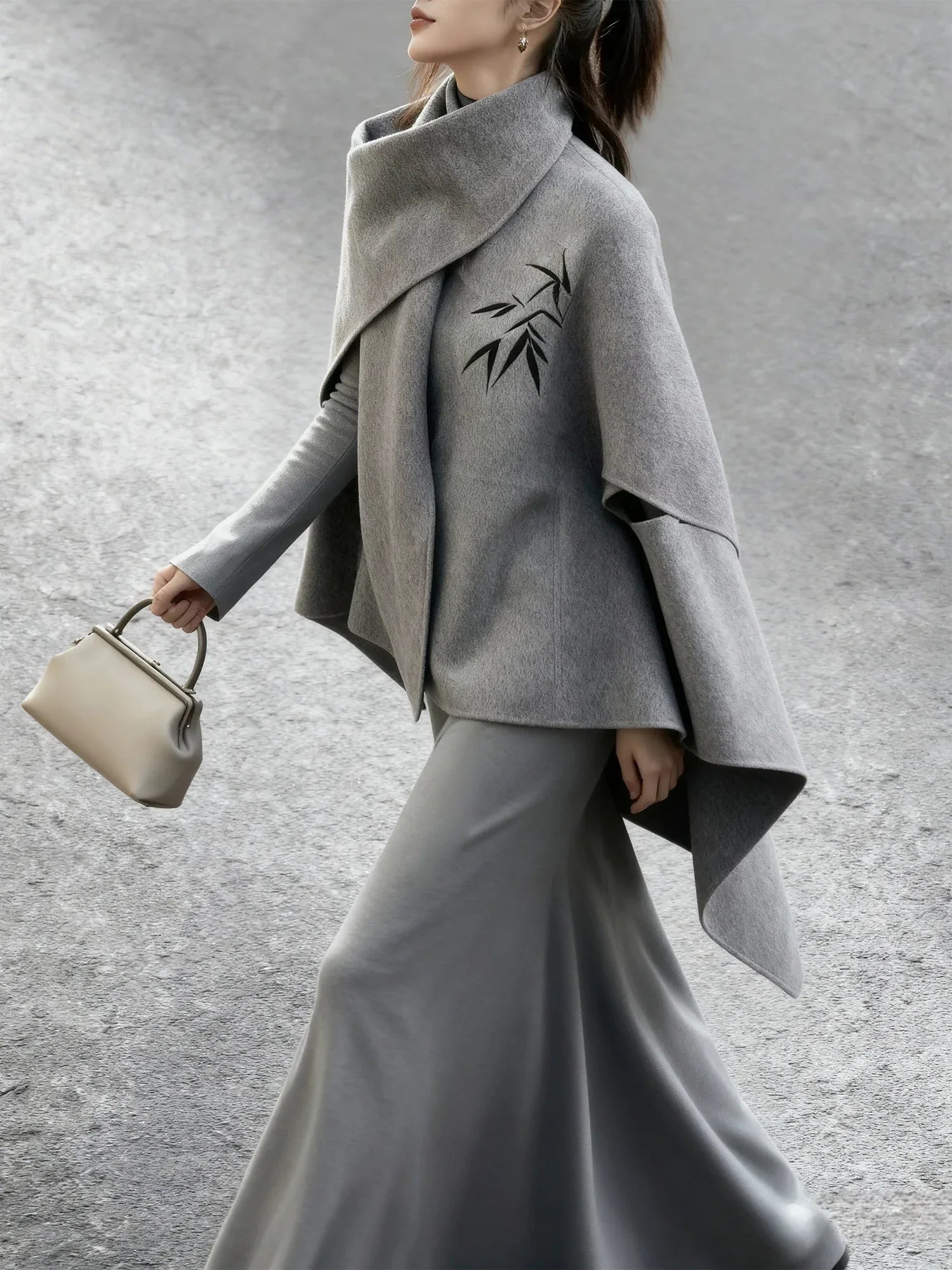 Grey Wool Cape Set – Short Cloak Jacket & Knit Dress | Soft Relaxed Fit - Yandan_Hanfu