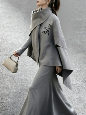 Grey Wool Cape Set – Short Cloak Jacket & Knit Dress | Soft Relaxed Fit - Yandan_Hanfu