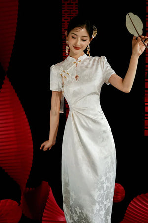 "Kite Butterfly" White Jacquard Cheongsam Bridal Toast Dress Engagement Dress - Yandan_Hanfu