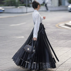 Oriental Grace – Hanfu-Inspired Set | Embroidered Bamboo Tassel Vest with Qipao Collar Top & Mamian Skirt - Yandan_Hanfu