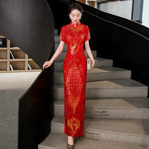 Floral pattern, long jacquard silk-satin cheongsam - Yandan_Hanfu