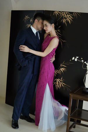 "Rose Hairpin" Dragon Fruit Color Piece Cheongsam Bridal Wedding Dress Engagement - Yandan_Hanfu
