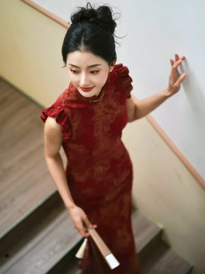 Lotus Step – Red Mermaid Qipao for Wedding, Engagement & Tea Ceremony - Yandan_Hanfu