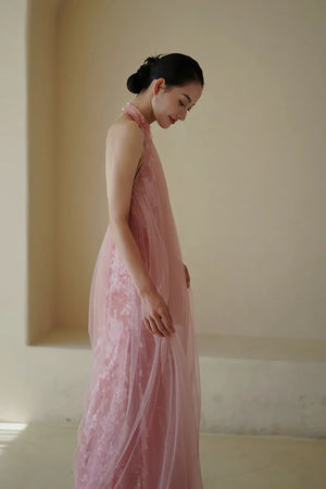 "Bella" pink sequined gauze halter dress bride - Yandan_Hanfu