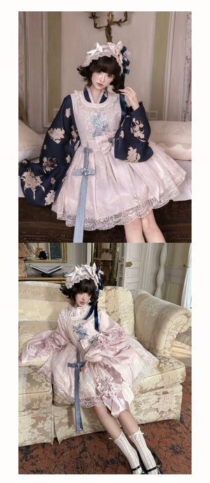 East-Meets-West Pink Two-Piece Set | Romance Embroidered Hanfu Blouse & Over Skirt - Yandan_Hanfu