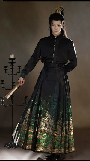 Four Divine Beasts Hanfu Set – Unisex Chinese Shirt & Brocade Horse-Face Skirt in New Style Design - Yandan_Hanfu