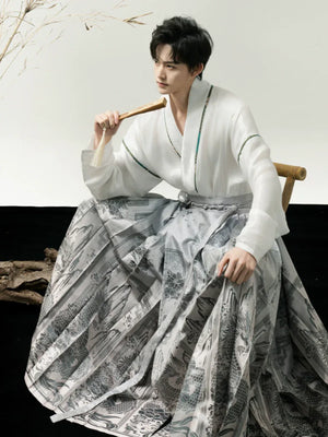 Unisex Modern Grey Hanfu Set – Cross-Collar Jacket with Brocade Ma Mian Skirt - Yandan_Hanfu