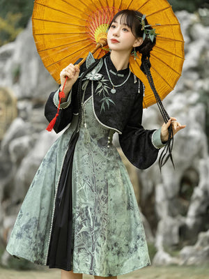 Tobacco bamboo Chinese style Mori girl Han element green lolita cheongsam - Yandan_Hanfu