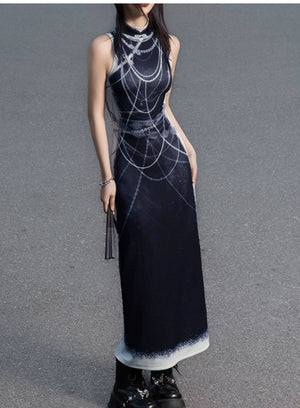 Black&white pearl knitted printed cheongsam new Chinese Y2K Spice Girl sleeveless cheongsam dress - Yandan_Hanfu