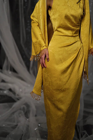 "Autumn Rhyme" Yellow Dark Pattern Cheongsam Shawl Bridal Wedding Dress Toast Dress - Yandan_Hanfu