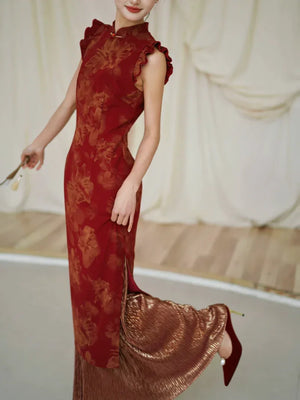 Lotus Step – Red Mermaid Qipao for Wedding, Engagement & Tea Ceremony - Yandan_Hanfu