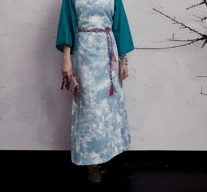 Ink-Dye V-Neck A-Line Dress – Modern Hanfu Silhouette with Tibetan-Inspired Details - Yandan_Hanfu
