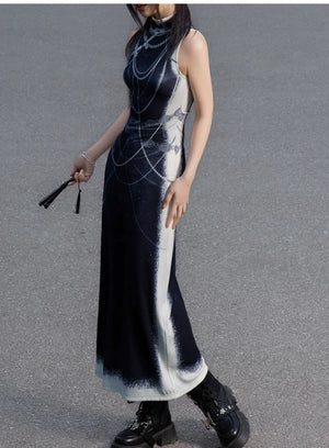 Black&white pearl knitted printed cheongsam new Chinese Y2K Spice Girl sleeveless cheongsam dress - Yandan_Hanfu