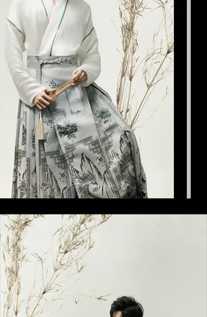 Unisex Modern Grey Hanfu Set – Cross-Collar Jacket with Brocade Ma Mian Skirt - Yandan_Hanfu