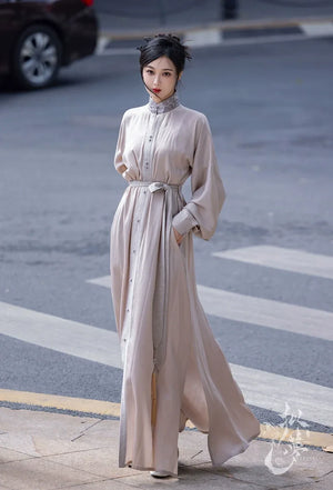 New Chinese style | Everyday stand-up collar dress shirt long skirt - Yandan_Hanfu