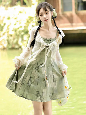 【Whisper of Bamboo】 Sweet Hanfu-Inspired Dress – Modern Chinese Style with Camisole Design - Yandan_Hanfu