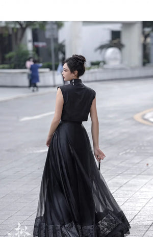 Oriental Grace – Hanfu-Inspired Set | Embroidered Bamboo Tassel Vest with Qipao Collar Top & Mamian Skirt - Yandan_Hanfu