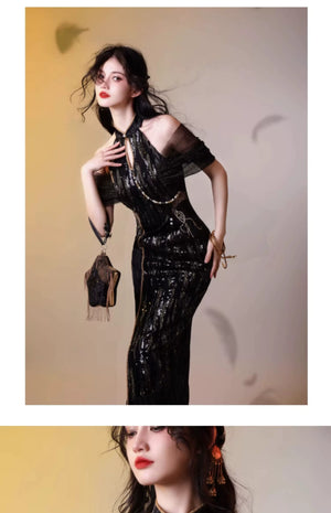 Aries Goldflow – Textured Satin Mermaid Qipao Dress from the Zodiac Collection - Yandan_Hanfu