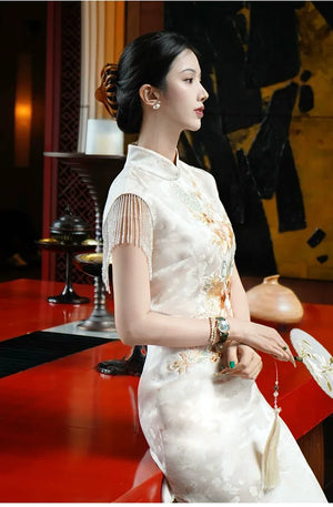Golden Tang Ode – Luxury Modern Cheongsam | Artisanal Brocade & Couture Detailing - Yandan_Hanfu