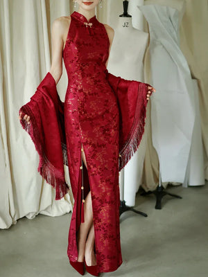 "Jubilee Bell" Red Cheongsam Shawl Bridal Toast Engagement Dress - Yandan_Hanfu