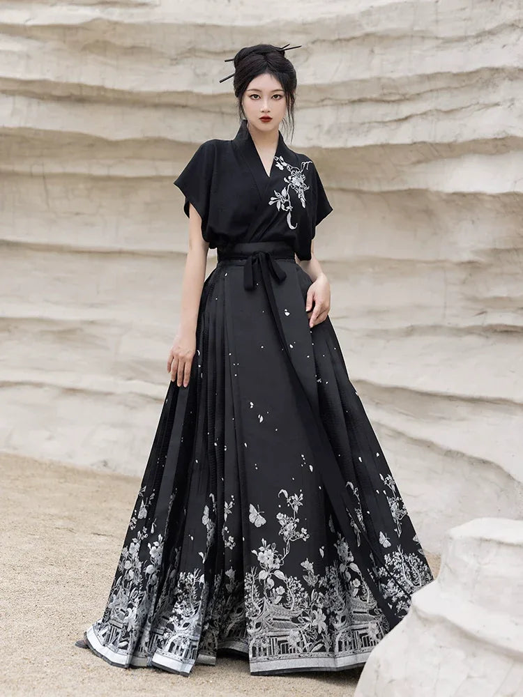Original imitation luodian horse face skirt, new Chinese style, daily work, improved short-sleeved Hanfu summer - Yandan_Hanfu