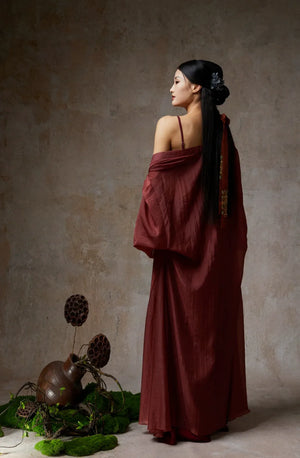 Elegant Wine Red Sheer Tencel Cardigan – Flowing Classical Dance Performance Outfit - Yandan_Hanfu