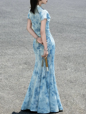 Azure Porcelain – Blue Velvet Mermaid Dress | New Chinese Style Gown with Sheer Mesh and French Elegance - Yandan_Hanfu