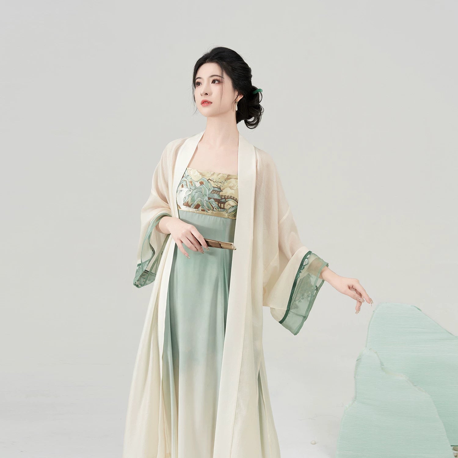 Walking Through Green Hills – Tang-Inspired Hanfu Dress Set with Camisole Gown and Overlap Blouse
