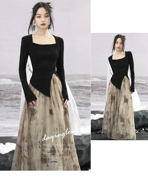 New Chinese style | suit women's early spring sweater fake two piece knitted black & red top - Yandan_Hanfu