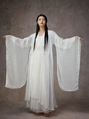 Graceful White Wide-Sleeve Chiffon Hanfu – Classical & Jazz Fusion Dance Dress - Yandan_Hanfu
