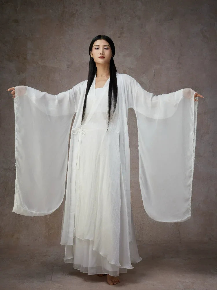 Graceful White Wide-Sleeve Chiffon Hanfu – Classical & Jazz Fusion Dance Dress - Yandan_Hanfu