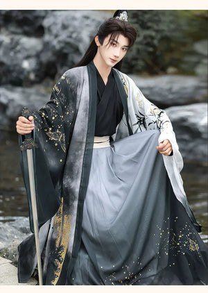 Golden Steps – Ink Bamboo & Butterfly Traditional Hanfu | Unisex Wei-Jin & Song Style Cross-Collar Wide-Sleeve Set - Yandan_Hanfu